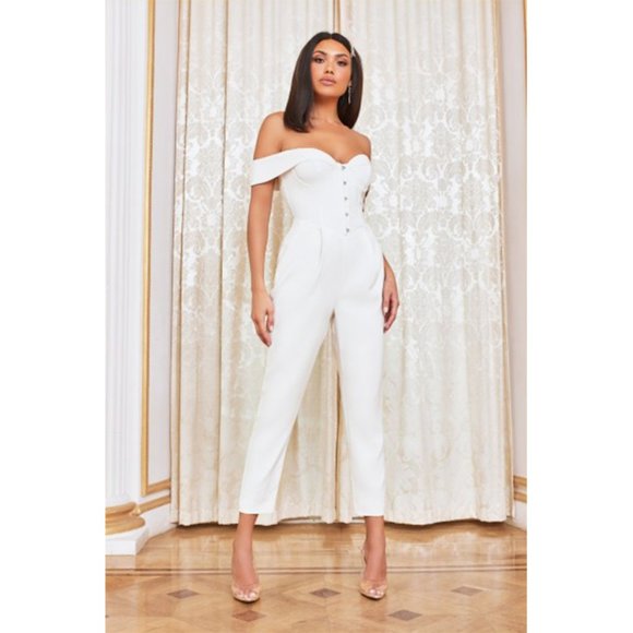 Lavish Alice Pants - NEW Lavish Alice Corset Off Shoulder Jumpsuit Ankle Crop Straight Leg White 6
